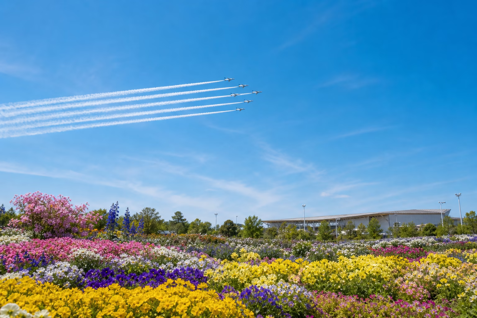 花畑の上空をブルーインパルスの編隊が飛ぶイメージ
