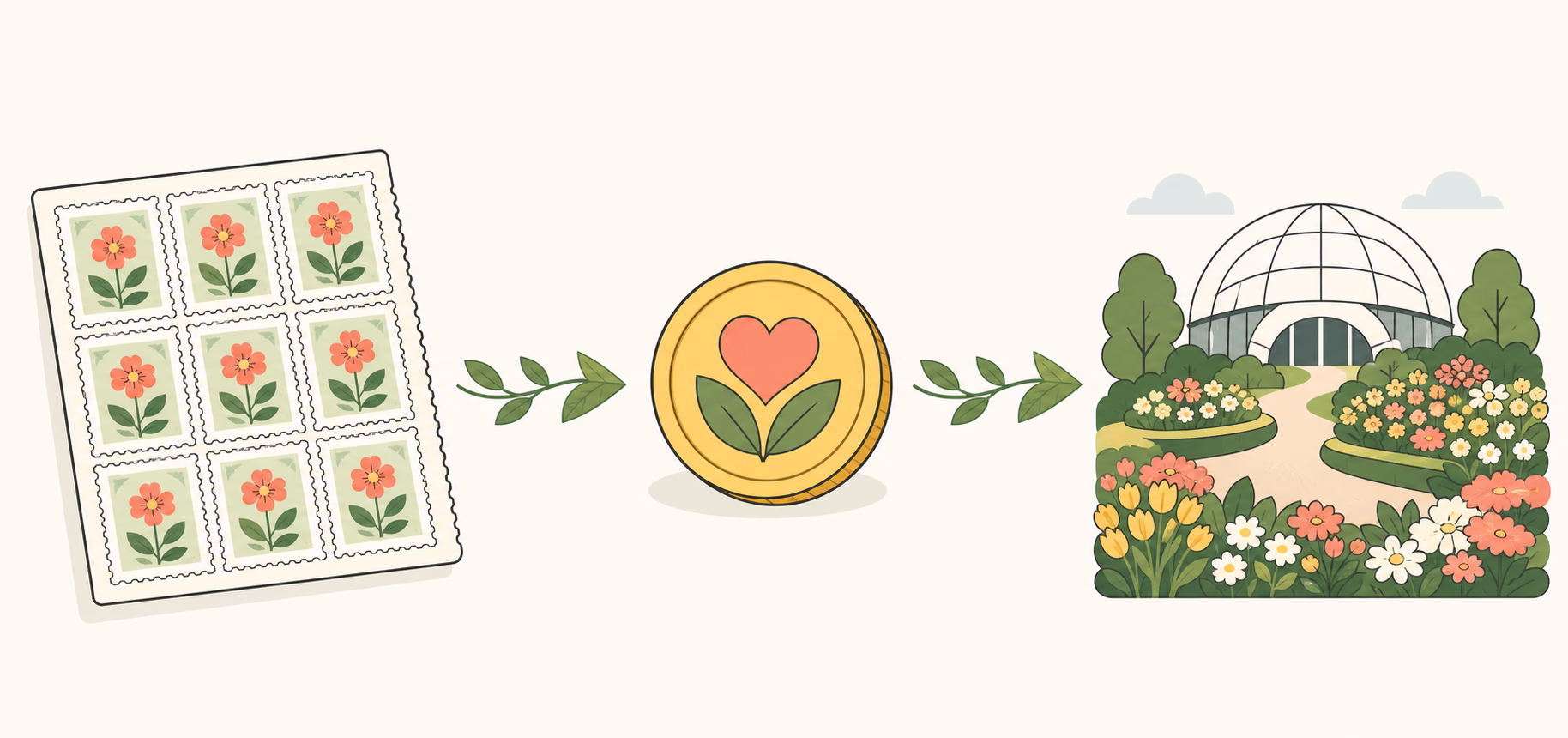 寄付金付切手の仕組みを説明する、切手から寄付金、花の会場へつながるイラスト