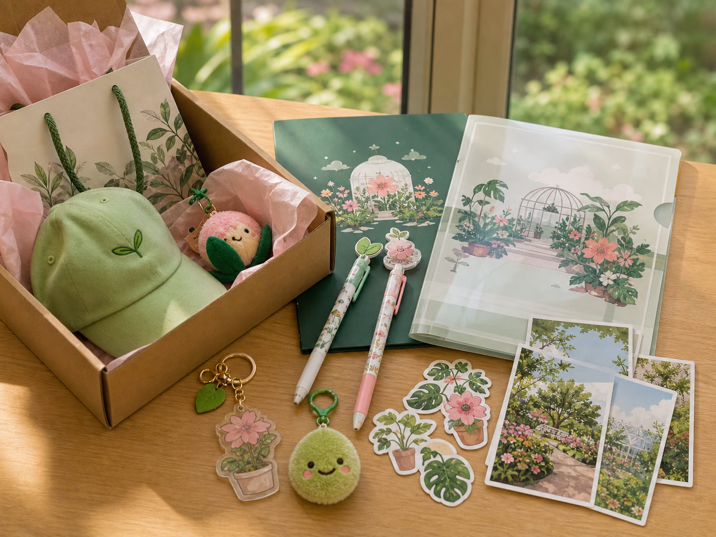 トゥンクトゥンク風の花博グッズを開封して並べるイメージ